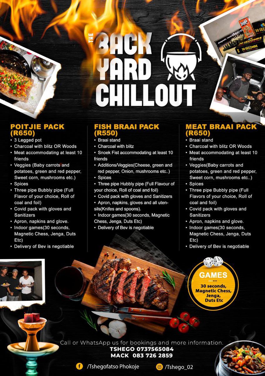 TheFundraiserCR's tweet photo. Good morning 

Hona le bo abuti that are based in Bloem who offer service to setup/ deliver essentials for your #BackYardChillout 3 options   available listed below 👇🏾 they also come to clean up once you’re done,  #BloemTwitter #GirlTalkZA #MenTalkZA https://t.co/IFkkBWq81j