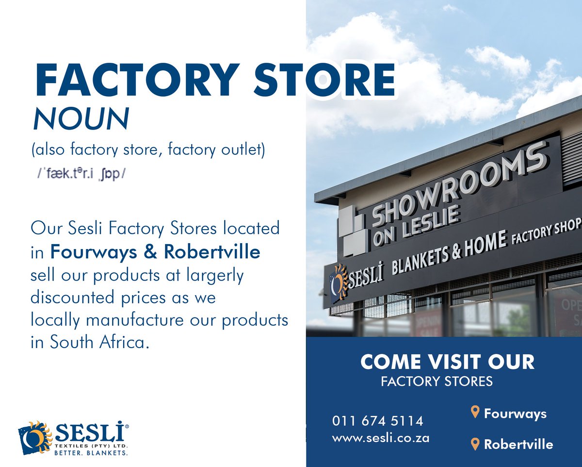 Sesliblankets's tweet photo. Did you know our Fourways Factory Store sells the same products, at the same Factory Store prices as our well-known Robertville Store?
Visit us for promotions of up to 50% off on blankets, throws and homeware in-store.
#BlanketsandHome #FactoryStore #FactoryStorePrices https://t.co/fF17Bpupwm