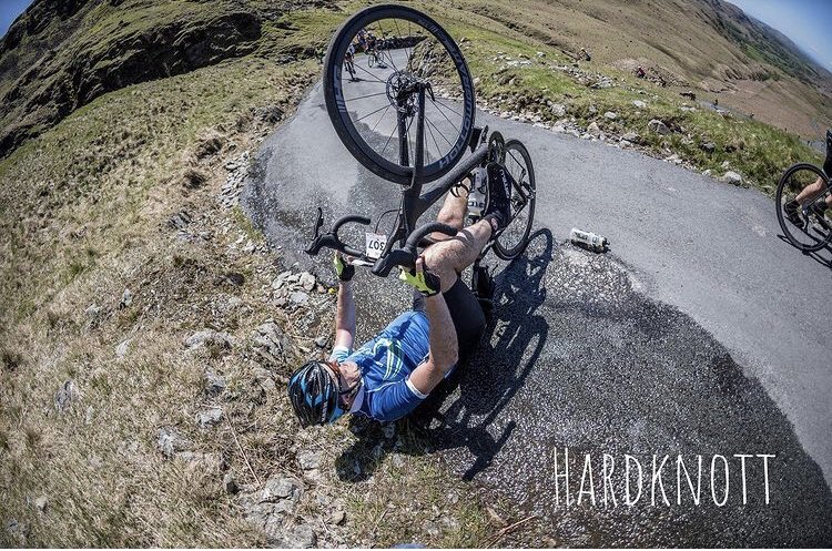 Man down, don’t do this on Hardknott ramp! Keep that front wheel planted to the tarmac.
<a href="/fred_whitton/">Saddleback Fred Whitton Challenge</a> 
#cycling #hardknottpass #fredwhittonchallenge #cumbria #cyclingclimbs #100climbschallenge