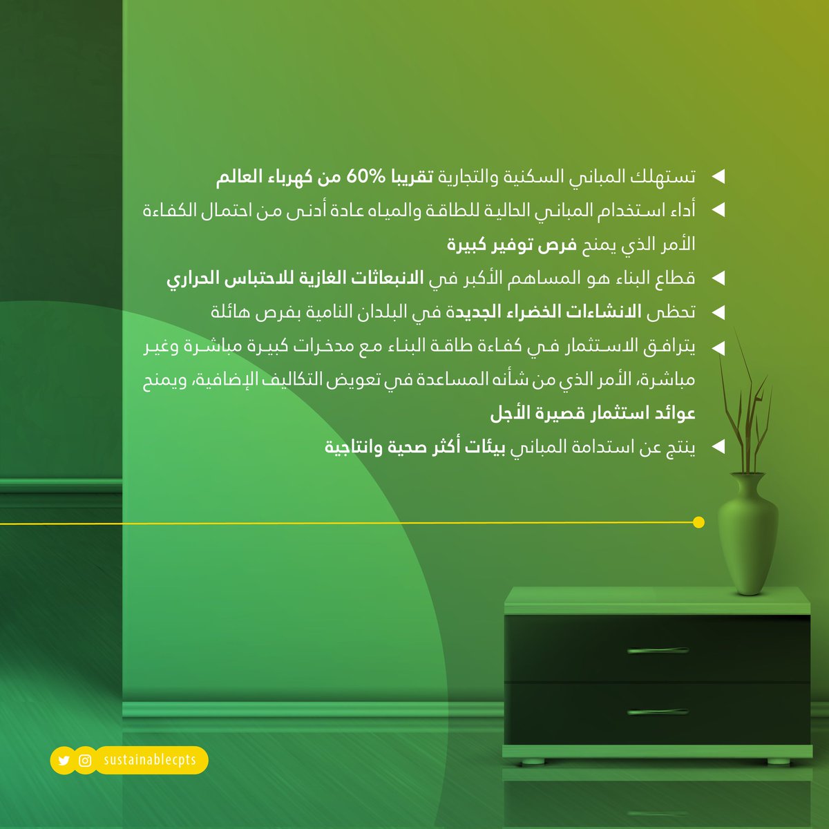 تستهلك المباني ما يقارب 60% من الكهرباء ! 
ومع ازدياد الاستهلاك يزداد الإنفاق كذلك. 
نسعى في الأفكار المستدامة لتصميم المباني الخضراء الموفرة للطاقة😃⚡.