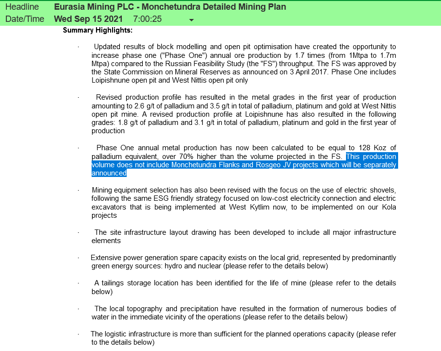 GMF782's tweet photo. #EUA - the mining plan RNS lands. Needs a few reads but 3 key points leaping out so far:
1. 128Koz Pd equiv fills Sinosteel Plan
2. They have a plan for Flanks and Rosgeo JV to follow
3. The Tailings are designed to allow for other areas to be mined
#turbobeastmode on the way ๐ https://t.co/G0b8doi3or