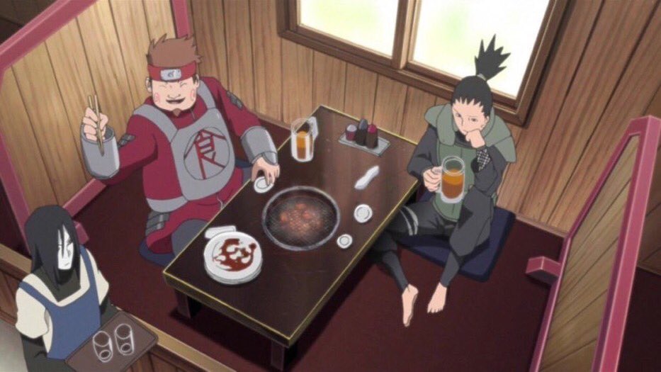 ナルトが 焼肉と言ったら白い飯だろうが って言ってるの大蛇丸が何故か焼肉屋でバイ でびこだにょの漫画