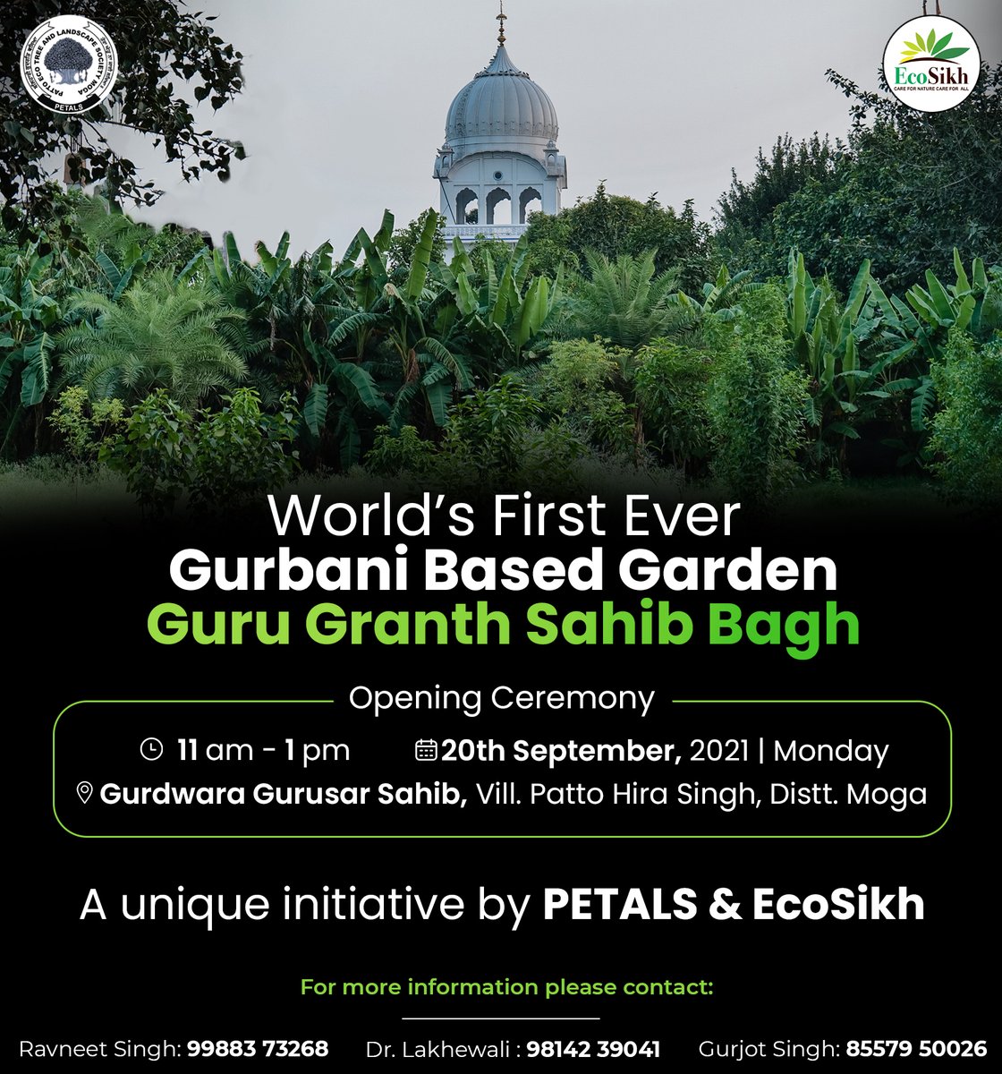 ecosikh's tweet photo. Save the date!
EcoSikh in collaboration with 'PETALS', is going to launch the world's first-ever Gurbani Based Garden - Guru Granth Sahib Bagh, on September 20, 2021, at Patto Hira Singh, Moga. We request the honour of your presence.🙏
Timings: 11am-1pm
#GuruGranthSahibBagh https://t.co/fsmDIxvEhY