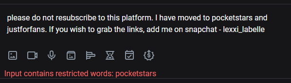 LexxiLabelle's tweet photo. Look at this shit. @onlyfans clearly doesn't like the competition, and made @PocketStarscom a restricted term 😂 too bad, I'm leaving OF anyway! https://t.co/LStIlGQIA8