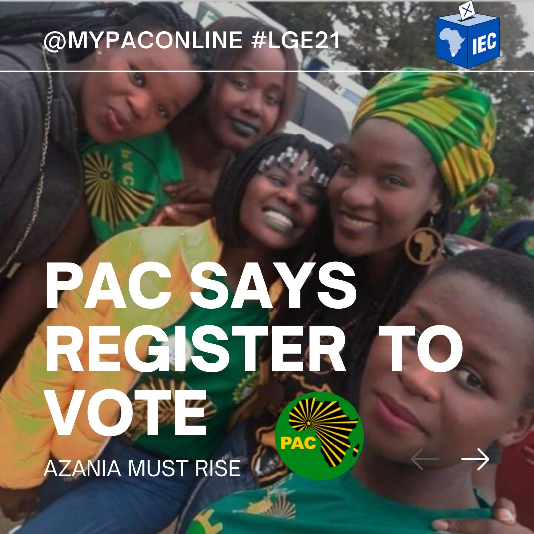 Ma Azania lets do the right thing and ensure that we register to vote for <a href="/MyPAConline/">Pan Africanist Congress of Azania (PAC)</a> this coming weekend. Only us through our votes can we liberate ourselves from this anti- black charterist goverment. Our Kasi our Voice. 
#UmhlabaNomnthoWabantuEbantweni
#ReRagelaPele