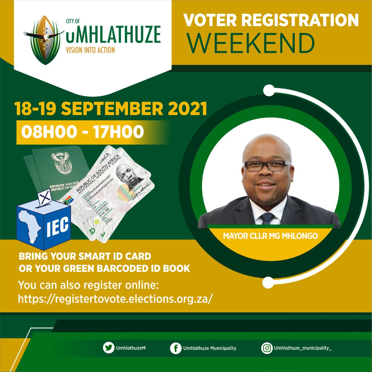 UmhlathuzeM's tweet photo. Uyanxuswa ukuba uyobhalisela ukuvota ngomhlaka 1 Nov njengokwelungelo lakho elikumthethosisekelo. Asebabhalisa bangaya koqinisekisa imininingwane yabo ezikhungweni zokuvota kumbe babheke ngohlelo lwe online. Khumbula ukuthi ukuvota kuyizwi lakho ngohulumeni wakho @ZOPublications https://t.co/IesyNGebsy
