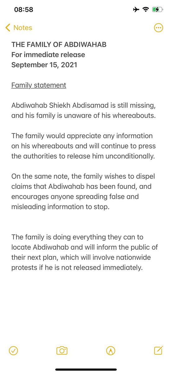 Status statement by the family of missing Professor Abdiwahab Sheikh Abdisamad. They wish to dispel claims that he has been found. They encourage anyone circulating the fake news to desist.