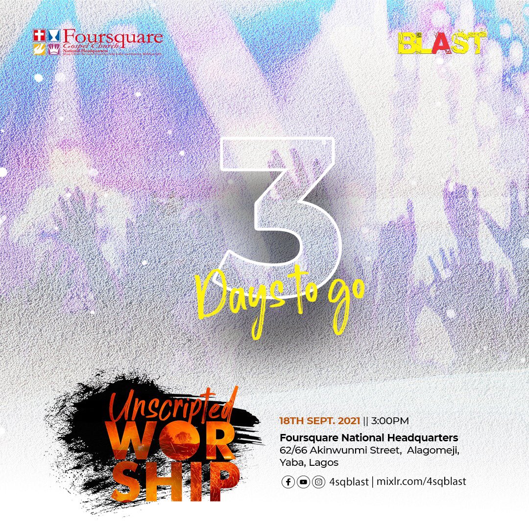 4sqBlast's tweet photo. Are you ready?!๐๐๐๐๐
3 days to go!
Unscripted worship coming live this Saturday, 18th of September, 2021.๐คฉ
You snooze, you loose!
Be there๐ #blastservice #unscriptedworship #rooted https://t.co/mzmEqGFott