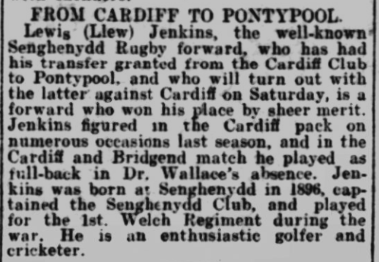 Bettsy51's tweet image. 🏉#otd 100yrs. Lewis (Llew) Jenkins (1894-1973),  famous #Senghenydd forward signs for @PontypoolRFC from @Cardiff_RFC. Capped twice by Wales in 1923. Living at Park Farm in 1901 and collier boy at 137 Commercial St, Senghenydd in 1911 🏴󠁧󠁢󠁷󠁬󠁳󠁿👲⛏️
