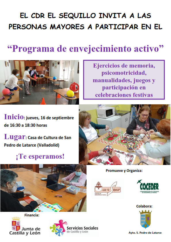 CDRSequillo's tweet photo. Mañana #Nuestr@sMayores de #SanPedrodeLatarce comienzan a asistir al #ServicioDePromociónDelEnvejecimientoActivo del @CDRSequillo,  para realizar diversas actividades: ejercicios de memoria, psicomotricidad, manualidades y participación en celebraciones festivas. ¡¡Bienvenidas!! https://t.co/SiJWdSpIHD
