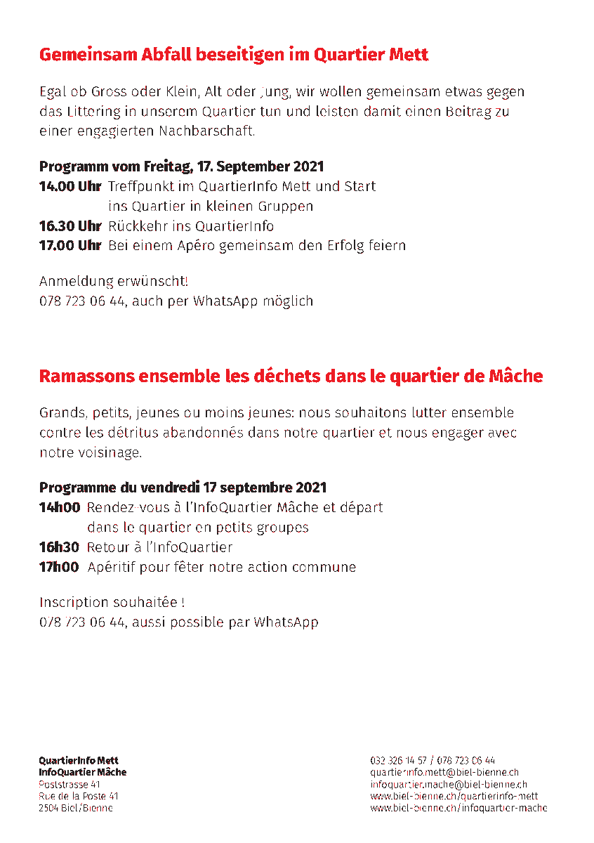 BielBienne_off's tweet photo. Dans le cadre du #CleanUpDay international du 17 septembre, les habitantes et habitants du quartier de Mâche se mobilisent contre le #littering. Une action de ramassage des déchets est organisée en collaboration avec l’InfoQuartier. #Quartierpropre #environnement https://t.co/xWGDPZRaSJ