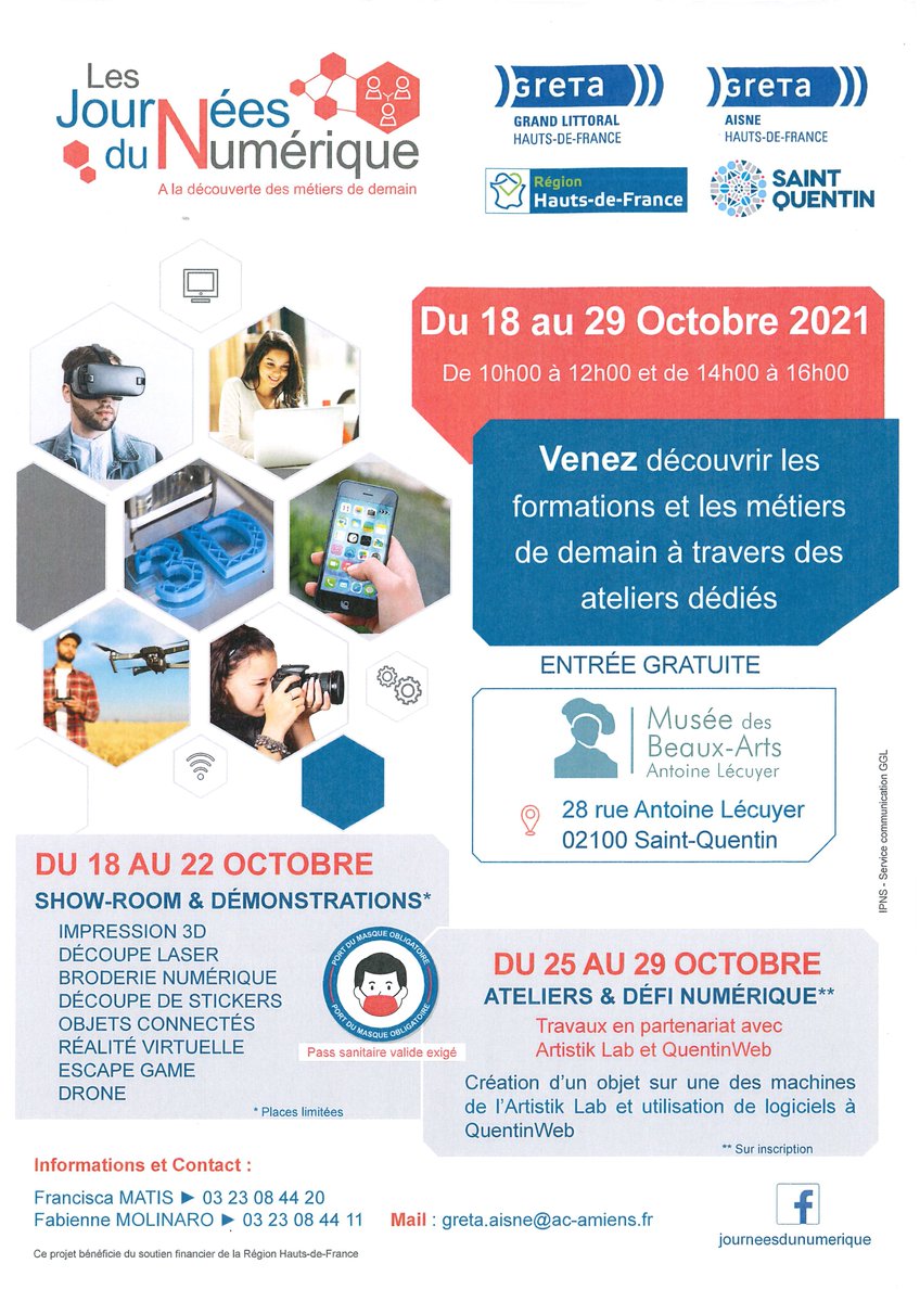 #LesJournéesduNumérique | Venez découvrir les #formations et les métiers de demain à travers plusieurs ateliers dédiés ! 📱🖥🕹

📍 Musée des Beaux-Arts à Saint-Quentin
📅 𝟭𝟴 au 𝟮𝟵 octobre 2021
⌚️ 10h00 -12h00 et 14h00-16h00

<a href="/GretaAisne/">GRETA Aisne</a> <a href="/a_saint_quentin/">Saint-Quentin</a> <a href="/hautsdefrance/">Région Hauts-de-France</a>