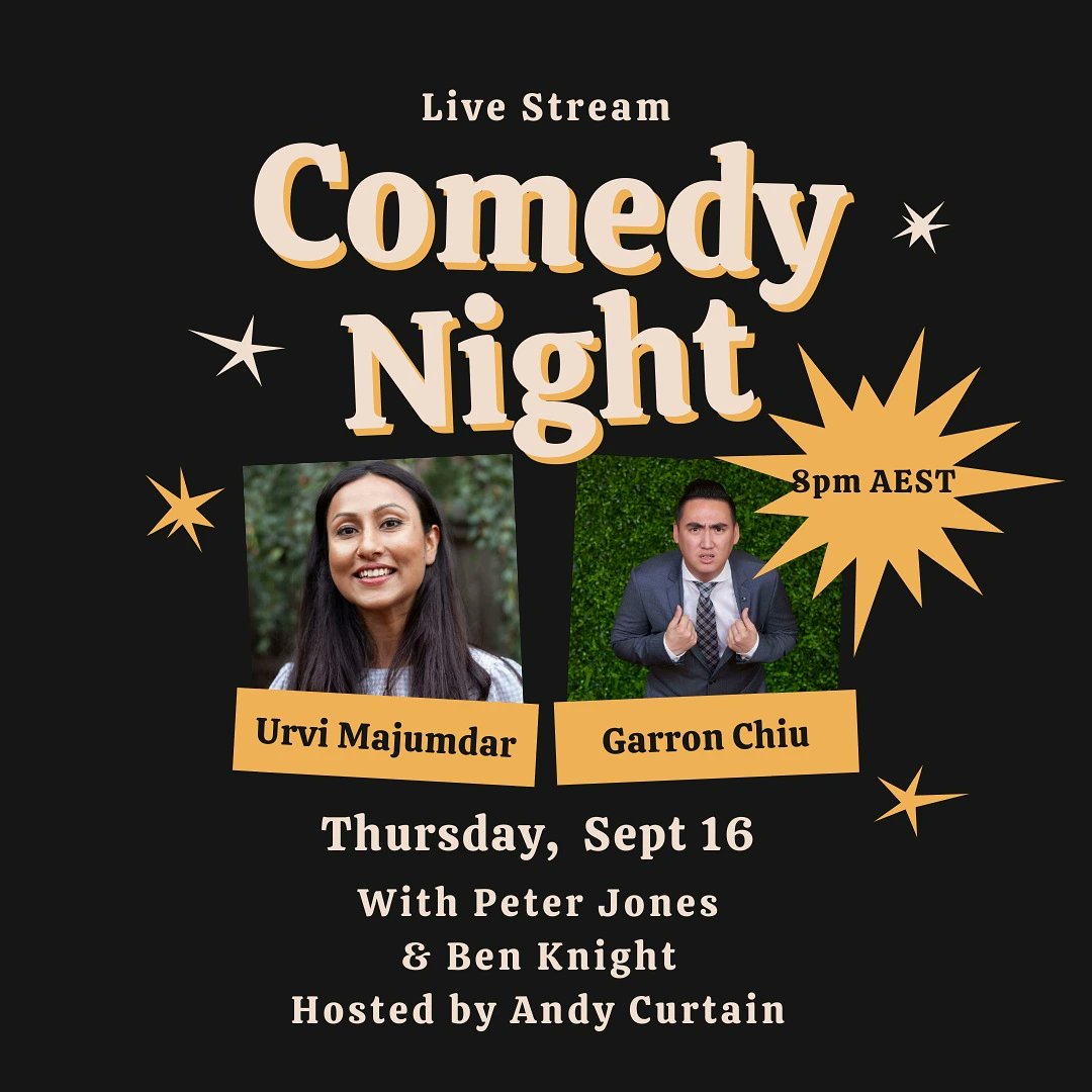 FREE zoom comedy show Thurs night 8pm AEST.

Register to get the zoom link here: bit.ly/thurs-comedy

Comedy Central's <a href="/iamgarron/">Garron</a> is joining from HK with <a href="/urvi_majumdar/">Urvi Majumdar</a> <a href="/PeterTheJones/">Peter Jones</a> <a href="/bigredbenknight/">Ben Knight</a>. Get tickled I'm the comfort of your living room. Gonna be a doozy.