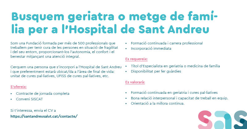 OFERTA | BUSQUEM METGES! Cerquem metges/esses perquè s'incorporin a l’Hospital de Sant Andreu. Preferentment estaran ubicats/des a la unitat de cures pal·liatives i a UFISS de cures pal·liatives.

Envieu CV a i feu força RT! Gràcies
santandreusalut.cat/contacte/
#feina #oferta #laboral