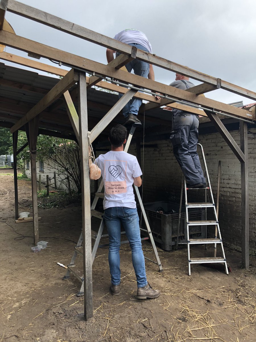 Mandy1603_asr's tweet photo. Feest vandaag bij Zorgmanege Horsewise in Leusden! Beheerder Elize is jarig èn asr-collega’s helpen haar (en de paarden) met een nieuw dak op de shelter. 🎉🎉

#asr #helpendoortedoen #horsewise #zorgmanege #feest #klussen https://t.co/wkaMy9eal3