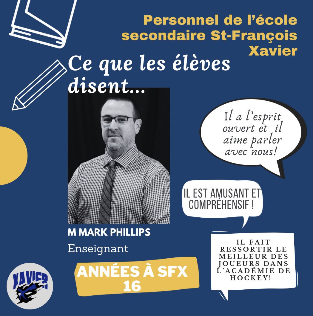 Nous voulons vous présenter nos membres du personnel d’après ce que les élèves disent!
 
Aujourd’hui nous vous présentons Mme Julie Otis, M Ronald Perron et M Mark Phillips

<a href="/ESCStFXavier/">École secondaire catholique Saint-François-Xavier</a> 
<a href="/CscProvidence/">Csc Providence</a> 
@leschevaliersdesfx