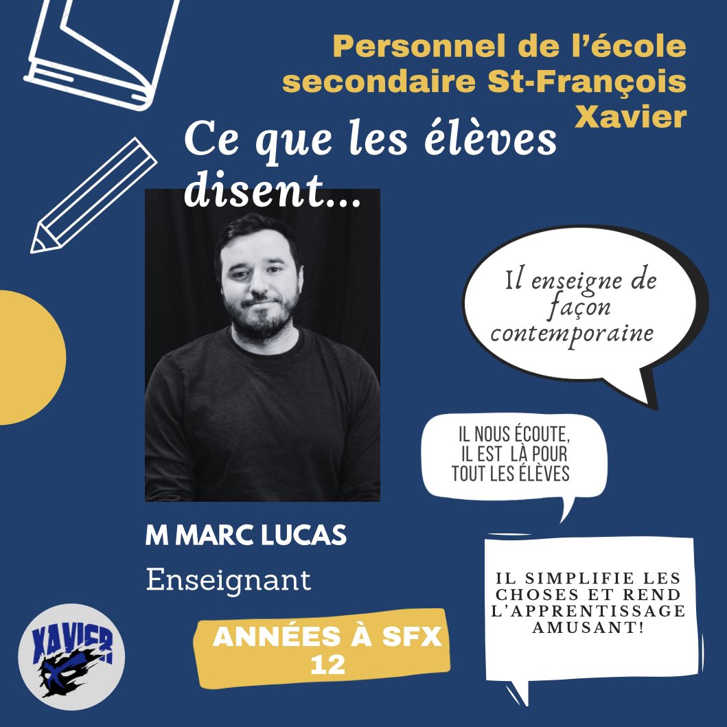 Nous voulons vous présenter nos membres du personnel d’après ce que les élèves disent!
 
Aujourd’hui nous vous présentons Mme Evelyne St-Onge, Mme Mélanie St-Louis, Mme Lynne McGregor et M Marc Lucas

@leschevaliersdesfx 
<a href="/ESCStFXavier/">École secondaire catholique Saint-François-Xavier</a> 
<a href="/CscProvidence/">Csc Providence</a>