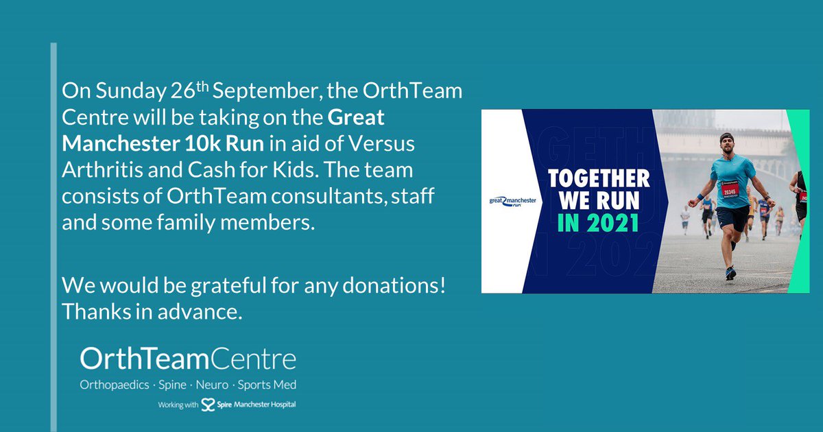 OrthTeam Centre (@ortht) on Twitter photo The OrthTeam Centre will be taking on the #GreatManchesterRun 🏃🏾♂️🏃🏽♀️include <a href="/jpmrogers/">John Rogers</a> <a href="/drpeachy/">Chris Peach</a> <a href="/ladanhajipour/">Miss Ladan Hajipour</a> <a href="/surg4shoulders/">Matt Ravenscroft</a> @thekneeexpert
Help us support 2 deserving charities <a href="/cashforkidsMCR/">Cash for Kids Greater Manchester</a> <a href="/VersusArthritis/">Versus Arthritis</a> donation links ⬇️
bit.ly/3hwaw0n
bit.ly/2YTXIup The OrthTeam Centre will be taking on the #GreatManchesterRun 🏃🏾♂️🏃🏽♀️include <a href="/jpmrogers/">John Rogers</a> <a href="/drpeachy/">Chris Peach</a> <a href="/ladanhajipour/">Miss Ladan Hajipour</a> <a href="/surg4shoulders/">Matt Ravenscroft</a> @thekneeexpert
Help us support 2 deserving charities <a href="/cashforkidsMCR/">Cash for Kids Greater Manchester</a> <a href="/VersusArthritis/">Versus Arthritis</a> donation links ⬇️
bit.ly/3hwaw0n
bit.ly/2YTXIup