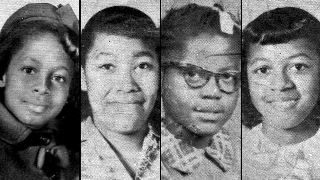 Black and white photos of the four little girls who were killed in the 16th Street Baptist Church bombing: Denise McNair, Carole Robertson, Addie Mae Collins, and Cynthia Wesley.