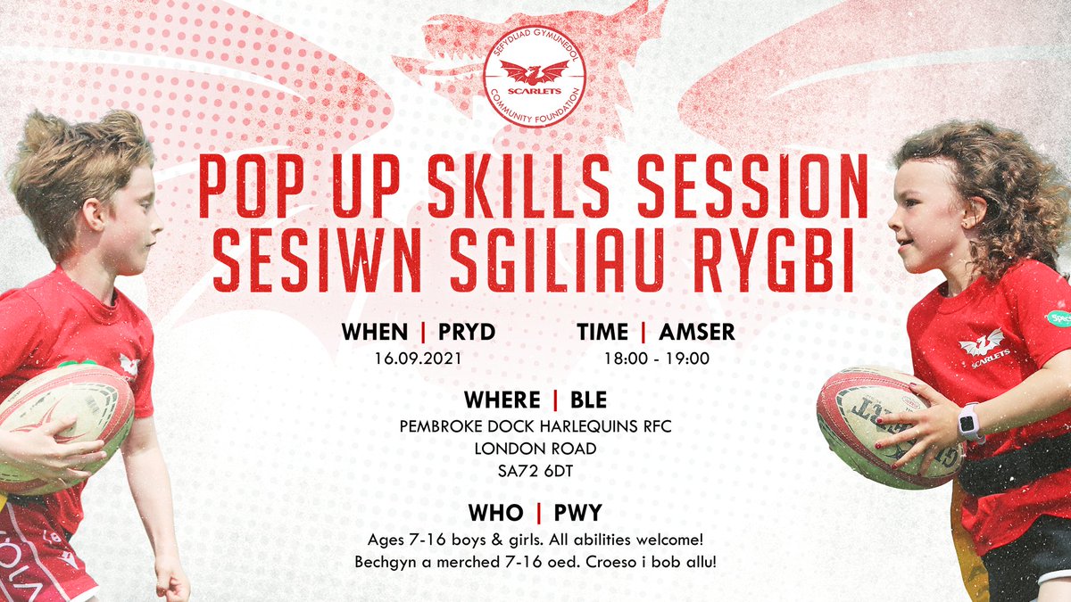 🏉 Pop up skills session tomorrow at Pembroke Dock for boys &amp; girls aged 7-16

Register your interest here: bit.ly/2XmqoM1

Sesiwn sgiliau rygbi i fechgyn a merched 7-16 fory 👋