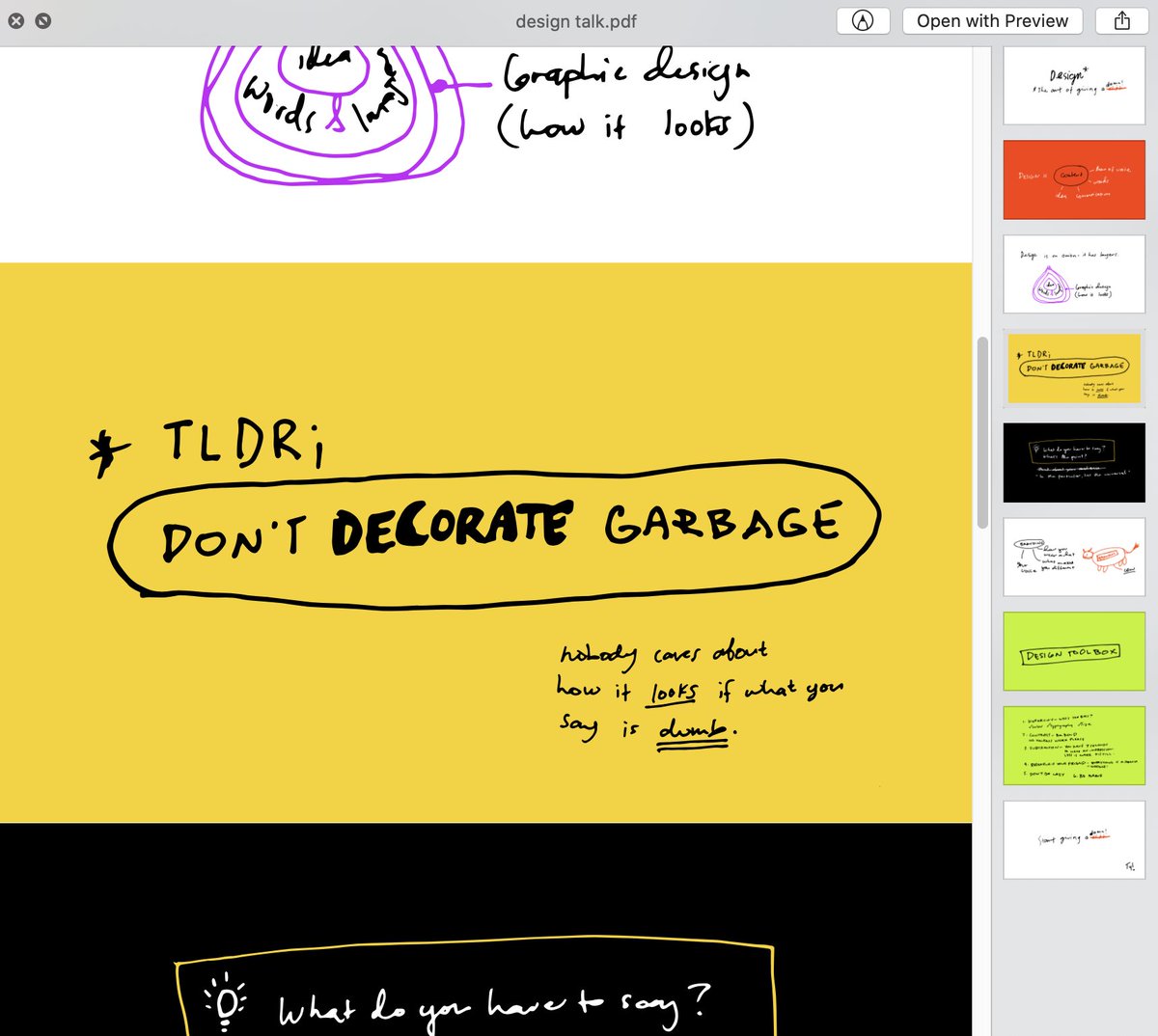 Cleaning my files and stumbled upon some notes on the importance of content over aesthetics. My favorite teacher/designer <a href="/JamesVictore/">James Victore</a> - “Nobody cares about how it looks if what you say is dumb.”