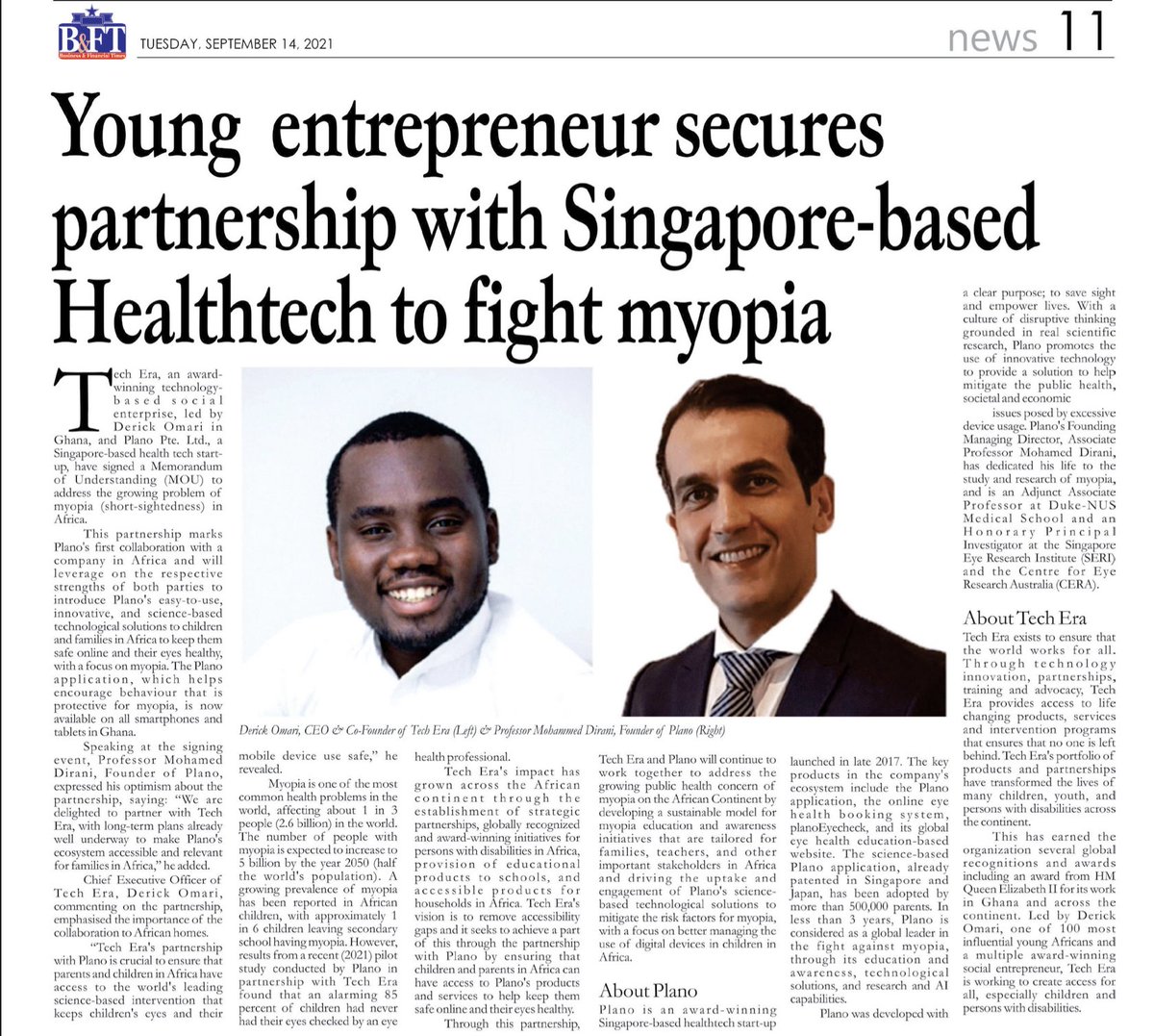 Exciting news for Africa! 

1 in 6 young Africans has Myopia. We are on a mission to change the narrative. #Plano will be making its move and will leverage the strengths of #TechEra to introduce Plano’s innovative n science-based #tech solutions to children and families in Africa