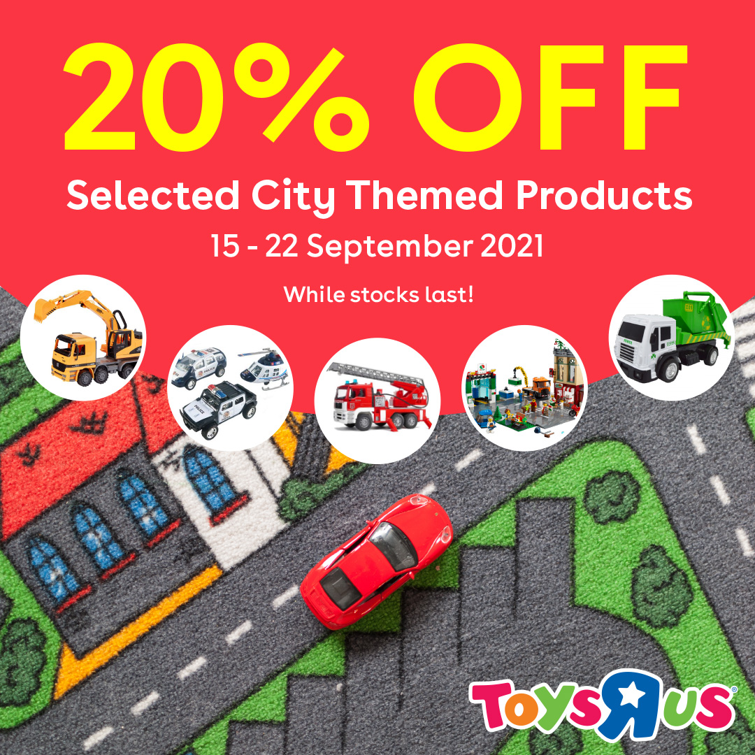 20% off selected City themed products at Toys R Us 🚗

Don't miss out on great offers on selected LEGO City items &amp; your favourite diecast brands!

Valid instore &amp; online until 22 September, while stocks last.

Shop now: toysrus.co.za/i-love-my-city