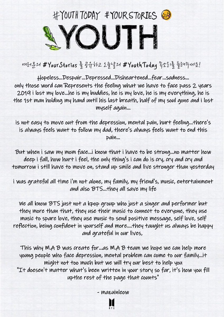 mazleow's tweet photo. My strong my experience...and i hope my experience can help others people
@BTS_twt @bts_bighit #YouthToday #YourStories #BTSARMY https://t.co/yB2VHgYCp7