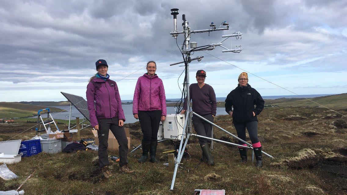 Our all-female team of scientists are setting up the most northerly #eddycovariance #greenhousegas monitoring equipment in #Shetland, to study emissions from degraded blanket bog and vulnerability to climate change. With thanks to @PeatlandACTION for support (image by Sue White)