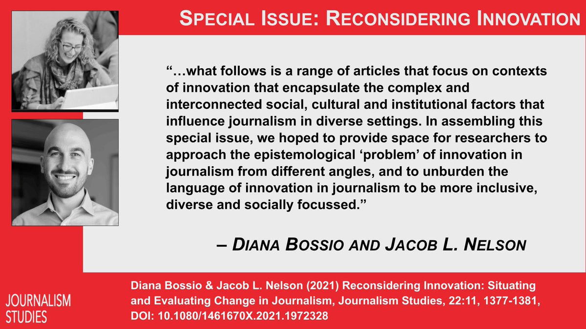 Our Special Issue on Innovation in Journalism, guest edited by <a href="/dianabossio/">Diana Bossio</a> and <a href="/jnelz/">Jay Nelson</a> is out! It offers diverse perspectives on innovation that go beyond technological determinism to reflect on broader organizational and cultural changes in the newsroom. 
tandfonline.com/doi/full/10.10…