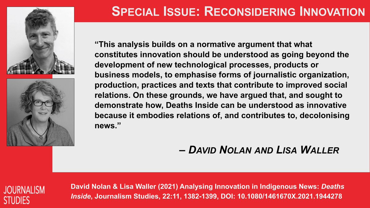 In their article <a href="/djp_nolan/">David Nolan</a> &amp; <a href="/lwaller25/">Lisa Waller</a> show how The Guardian's 'Deaths Inside' – a landmark project cataloguing Indigenous deaths in custody in Australia – stands as innovative journalism work that exemplifies a form and practice of 'decolonising news'.
tandfonline.com/doi/full/10.10…