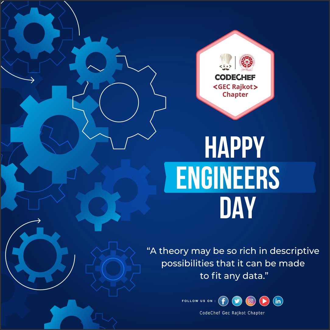 CodechefGECR's tweet image. Happy Engineers Day..🎉
😎✨Only engineers have the power to do the impossible because they have the tool of science to create something new🦾…. Happy Engineer's Day to all engineers from @CodechefGECR .!🥳
#happyengineersday
#codechef
#codechefgecrajkotchapter
#gecrajkot