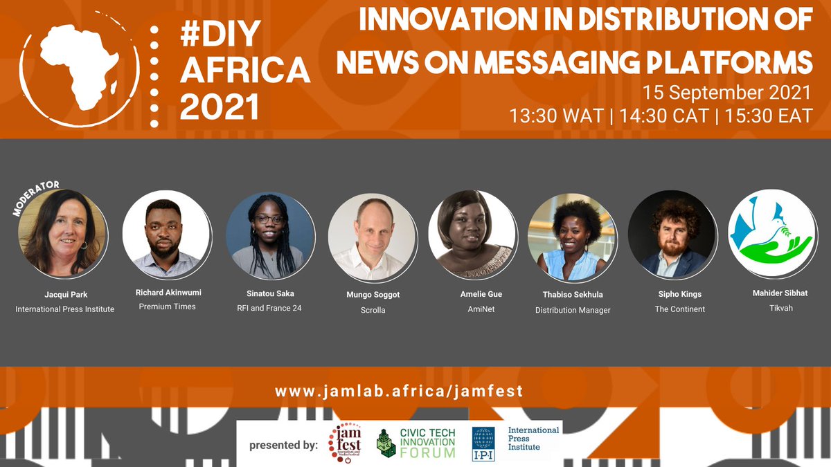globalfreemedia's tweet photo. First up is our panel on innovations in distributing news on messaging platforms in #Africa in partnership with @jamlabafrica! #IPIWoCo #Jamfest2021

Excited to hear from brilliant panelists @AMELIEGUE @mungo_s @richieakins @sinatous @SiphoKings 

➡️ https://t.co/6NI8aSJaXS https://t.co/E7NruH6lUC