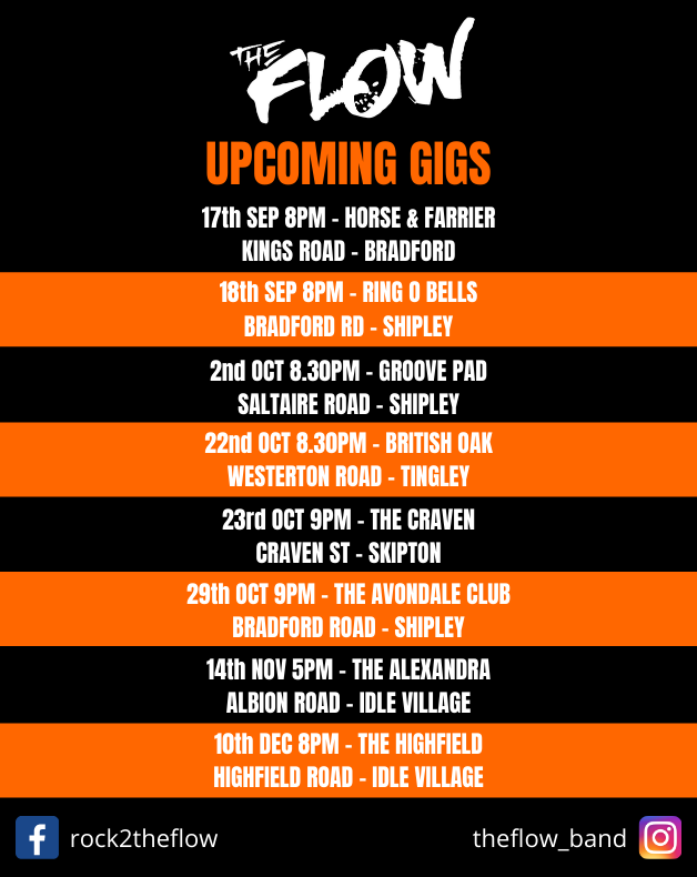 rock2theflow's tweet image. Upcoming Gigs

#LiveMusic #Rock #Indie #Band #Bradford #Leeds #Shipley #Idle #Skipton #Wakefield #Saltaire
