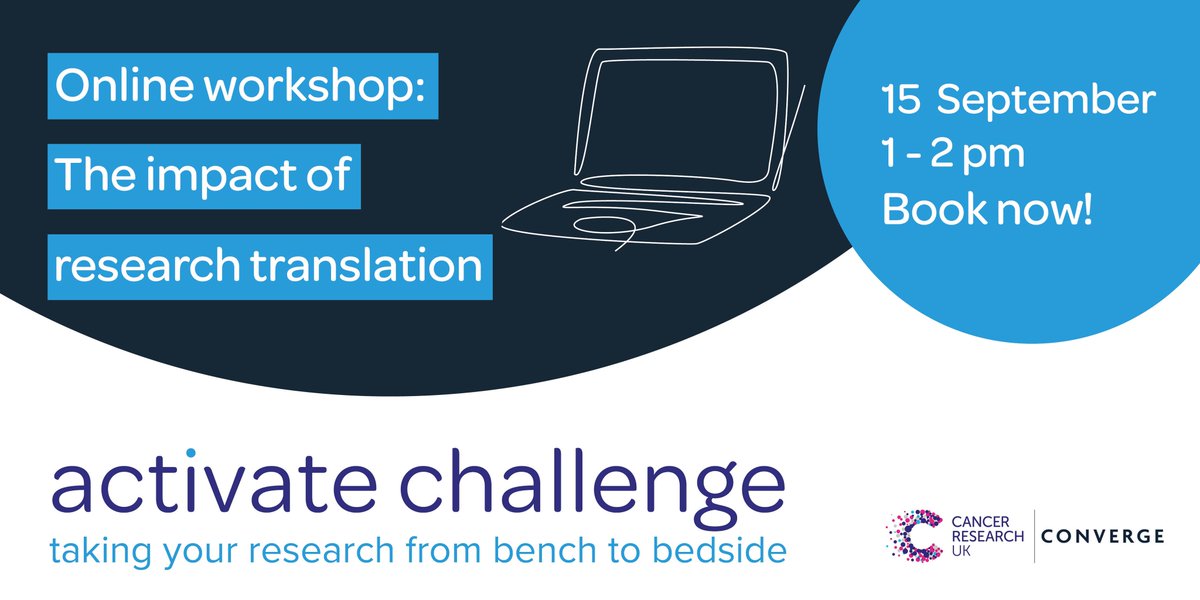 CRUKresearch's tweet photo. There's still time to register to attend today's workshop on 'The Impact of Research Translation' at 1-2pm (BST).
Don't miss your chance to explore the potential of translating your research and learn more about the #ActivateChallenge.
Book nowπ: https://t.co/9RYfMli9lO https://t.co/NQKsP46HmU