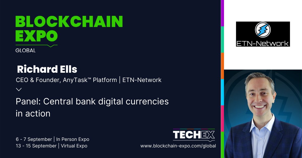 electroneum's tweet photo. Richard Ells is appearing on the virtual "Central Bank Digital Currencies in Action" panel today at 12pm at the #BlockchainExpo. There's still time to get your tickets! https://t.co/Hp8oKXyBfd

#blockchain #crypto #event #virtual #livestream https://t.co/E6pxKlOd94