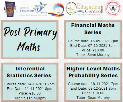 Clare Education Centre (@clareedcentre) on Twitter photo 📢Teachers of Leaving Certificate Higher Level Maths
➡️Financial Maths Course
➡️Inferential Statistics Course
➡️Probability Course
🗣️Seán Murphy, <a href="/imtanational/">Irish Maths Teachers’ Association</a>
📌Zoom
💰€10 per Series
Links to register⤵️
clareed.ie/clareed-news/4…
@edcentretralee <a href="/MonaghanEC/">Monaghan EC</a> <a href="/limerickedcentr/">Limerick Education Support Ctr</a> 📢Teachers of Leaving Certificate Higher Level Maths
➡️Financial Maths Course
➡️Inferential Statistics Course
➡️Probability Course
🗣️Seán Murphy, <a href="/imtanational/">Irish Maths Teachers’ Association</a>
📌Zoom
💰€10 per Series
Links to register⤵️
clareed.ie/clareed-news/4…
@edcentretralee <a href="/MonaghanEC/">Monaghan EC</a> <a href="/limerickedcentr/">Limerick Education Support Ctr</a>