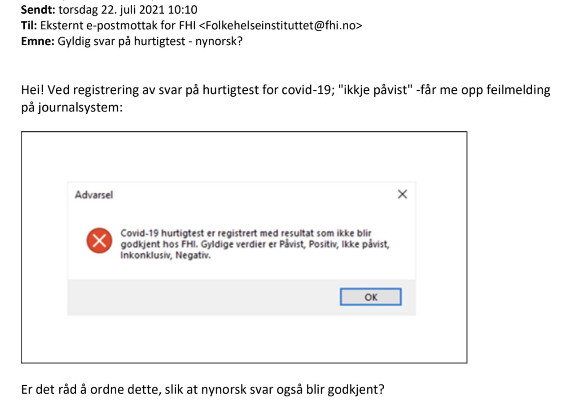 Smittevernoverlegen i Aurland ber FHI godta testresultat på nynorsk. Av alle koronadokument eg har fått innsyn i, er dette det beste.