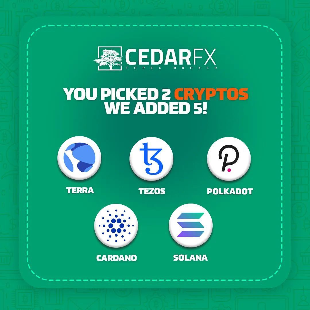 Cedarfx's tweet photo. 🎉 Results are in 🎉

Surprise traders! You picked 2 but we added 5 new shiny cryptos. The more the merrier right? More for you to trade! 

🔥 5 New Cryptos 🔥 are waiting for you at @cedarfx #crypto #blockchain #forex #trading #DayTrading #bitcoin https://t.co/wAx35nX0Ze