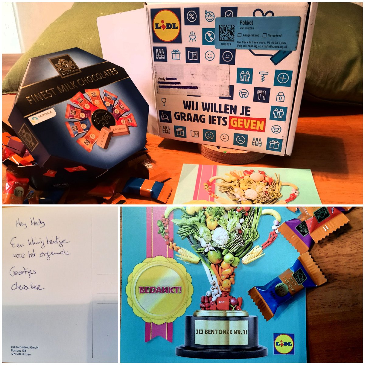 Dank jullie wel Klantenservice <a href="/LidlNederland/">Lidl Nederland</a> en ditmaal Chevalier. Jullie klantenservice verdient een dikke pluim! Met stip op nr. 1: jullie support en persoonlijke benadering! En als kers op de taart deze superverrassing per koerier: een doosje heerlijk fairtrade chocolaatjes!