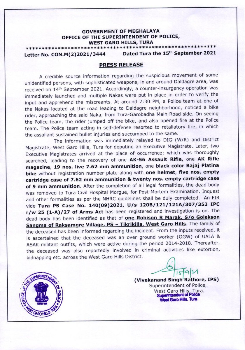 wghpolice's tweet photo. Press Release related to Death in Police Action at Tura on 14th September 2021.
#HelpUsToHelpU
@CMO_Meghalaya
@MeghalayaPolice
@dig_wr https://t.co/LF33773jUd
