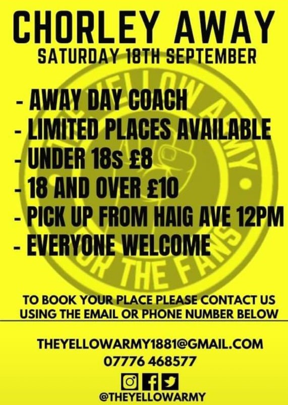Well it's that time of year again. Almost time for the most prestigious cup competition in the world to start again. This Saturday we travel to <a href="/chorleyfc/">Chorley FC</a> in the <a href="/EmiratesFACup/">Emirates FA Cup</a> last few spaces remain on the coach. Book your space to avoid disappointment!!!

#yellowarmyontour