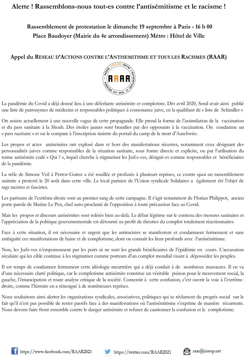 Rassemblons nous contre l'#antisémitisme et tous les #racismes dimanche 19 septembre à 16H Place Baudoyer (Mairie 4e M° Hôtel de ville) à l'appel de <a href="/RAAR2021/">Réseau contre l'Antisémitisme et tous les Racismes</a> et de nombreuses autres organisations+ collectifs. Stop à la propagande #complotiste antisémite. Soyons nombreux-ses #RT