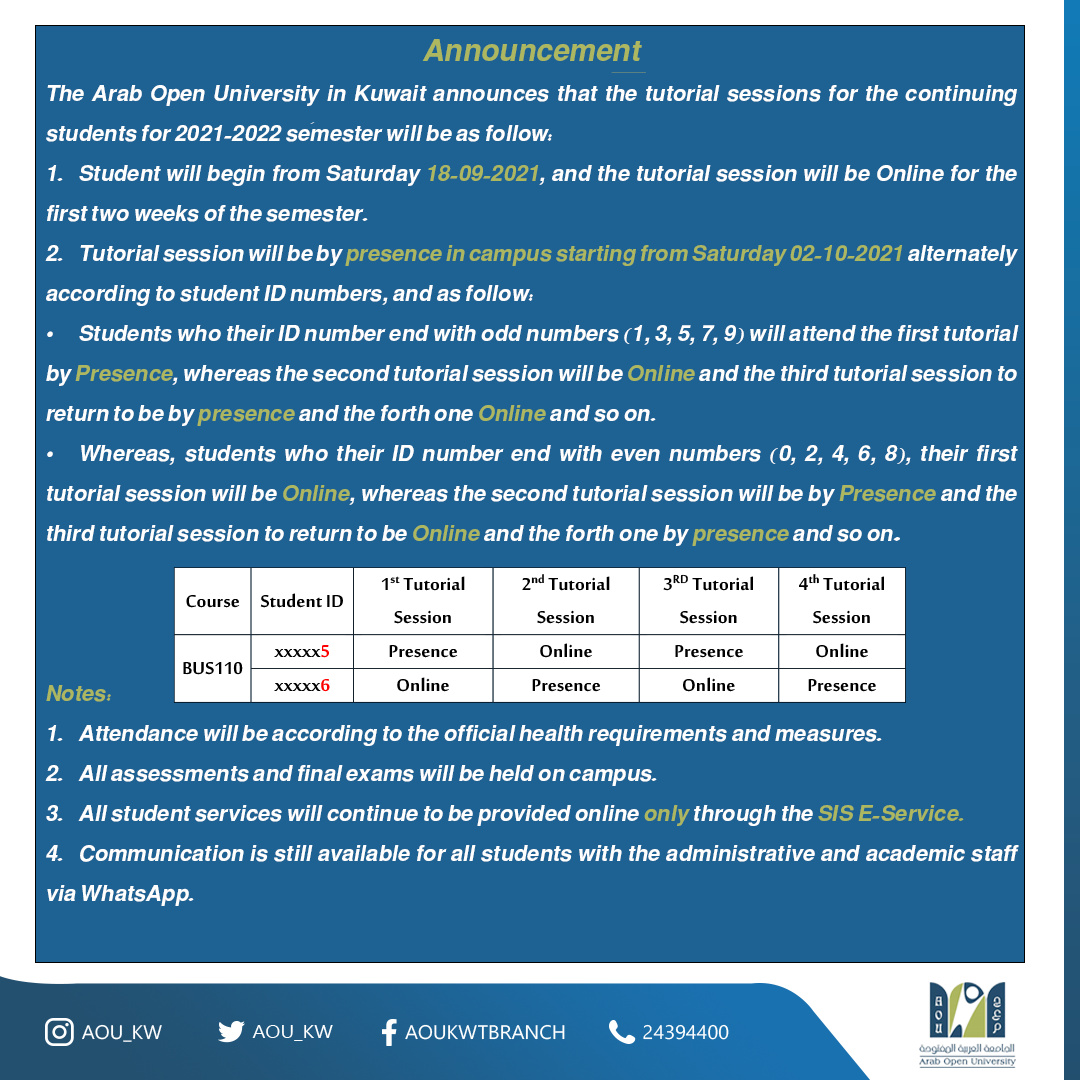 aou_KWT's tweet photo. Announcement regarding tutorial sessions for the continuing students for 2021-2022 semester
#aoukw https://t.co/WesvESEb2w