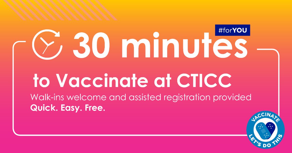 WesternCapeGov's tweet photo. If you come to the CTICC for your COVID-19 vaccination, you could be in and out in around 30 minutes!👌 Bring your ID and healthcare teams can help you register. The CTICC vaccination centre is open Monday to Friday from 8am to 4pm. @WestCapeHealth https://t.co/gB8e31QNM3