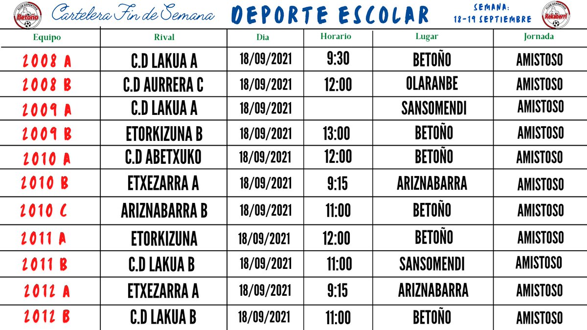 Cartelera fin de semana 18/19 de septiembre
Deporte Escolar