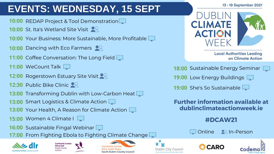 Dublin Climate Action Week is on! and there are many interesting events that you can attend online or in person 🙌🌍Events registration bit.ly/DCAW21 
Check out what's happening today👇