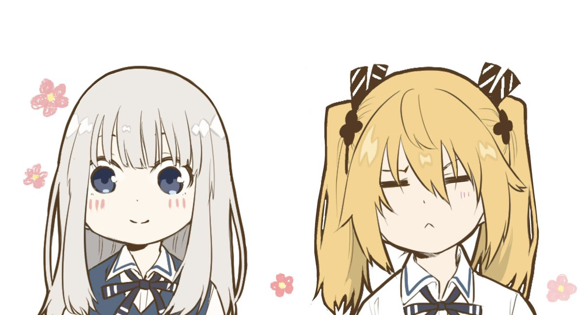 multiple girls 2girls blonde hair twintails ribbon white background closed eyes  illustration images
