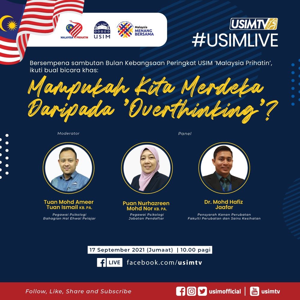 Bual Bicara Sambutan Bulan Kebangsaan USIM 2021

Kupasan menarik tentang 'Mampukah Kita Merdeka daripada Overthinking?'

Bersiaran secara langsung pada 17 September (Jumaat), jam 10 pagi hanya di USIMTV facebook.com/USIMTV

#USIMLive
#USIM