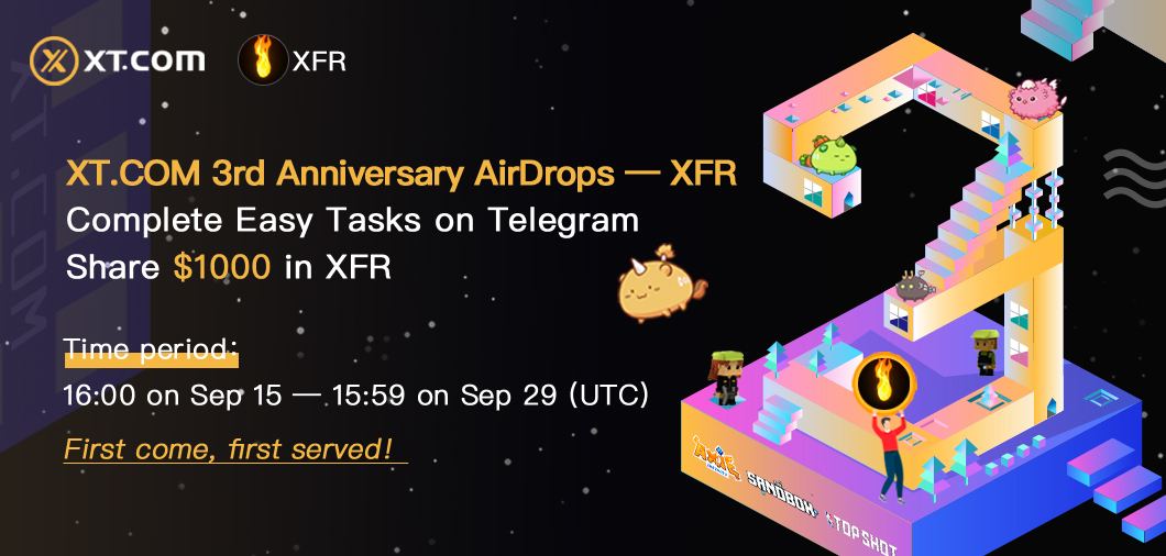 🎉XT.COM 3rd Anniversary AirDrops— XFR <a href="/TheFireToken/">TheFireFam</a> 🎉

💰Share $1000 in XFR 💰

🕧Time：
16:00 on Sep 15 - 15:59 on Sep 29
 (UTC)

Interact with 👉 @xt_airdrops_bot 👈  on Telegram! 

💕Real-Time Rewards! First come, First served！💕

t.me/XTcomNEWS/656